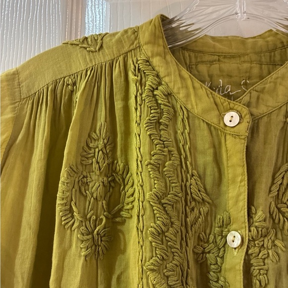 Kyla Seo Heavily Embroidered Olive Green Women's USA Handmade Top SZ S - Picture 3 of 9
